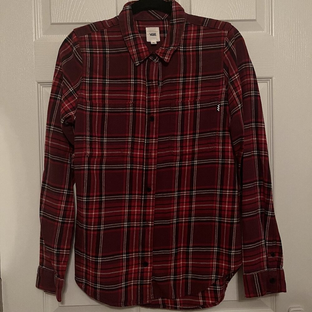 Vans Womens Sz M Skateboarding Red Pink Plaid Boyfriend Fit Flannel Shirt
